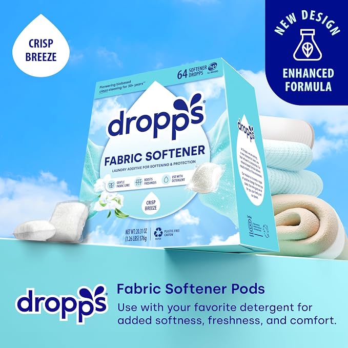 Dropps Fabric Softener Pods, Crisp Breeze (64 Count) - Laundry Softener For Soft & Fluffy Fabrics | Liquid Softener & Dryer Sheet Alternative | Clean Ingredients | Plastic Free Packaging