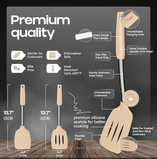 BakeRoyal Silicone Spatula Set - Turner Spatulas Silicone Heat Resistant 600°F - Slotted & Solid Silicone Spatulas for Cooking Fish, Eggs, Pancakes Flipper – Silicone Cooking Utensils Set – Beige
