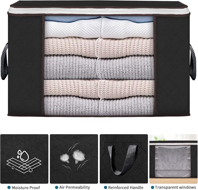 90L Large Storage Bags, 4 Pack Clothes Storage Bins Closet Organizers | Foldable Storage Containers, with Reinforced Handle, for Clothing, Blanket, Comforters, Bed Sheets, Pillows and Toys,Black