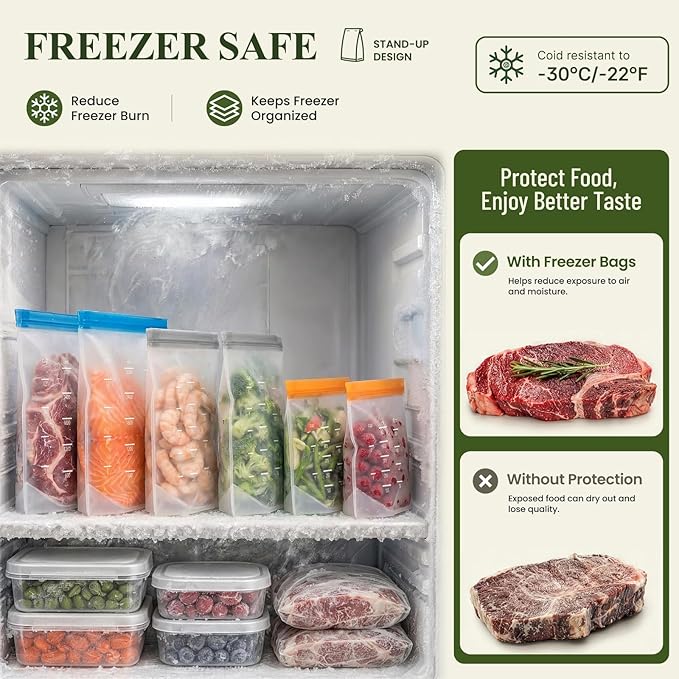 Dishwasher Safe Reusable Storage Bags Stand Up - BPA Free Reusable Sandwich Bag - Leakproof Gallon Freezer Bags, Food Storage Bags - Multicolor 6 Large + 6 Sandwich + 6 Snack Bags