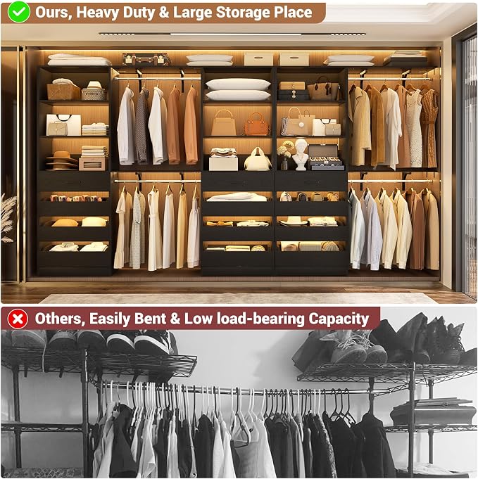 Aheaplus Closet System with 12 Drawers, 138.5" Wood Closet Organizer System with 4 Hanging Rods & Top Shelves, 6.7+4.85Ft L Shaped Corner Walk-in Closets Wardrobe Organizer Rack, Set of 3, Black