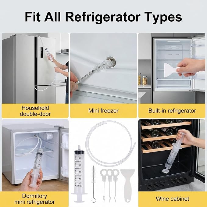 7-Piece Refrigerator Drain Hole Cleaner Kit, 60in Flexible Fridge Drain Cleaning Brush & Hose Set with Syringe, Plungers and Shovel for Unclogging Fridge Water Line & Dispenser