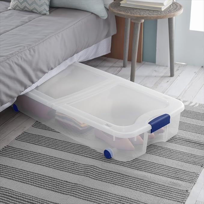 2 Pack 66 Quart Underbed Clear Storage Bins with Lid and Wheels | Wheeled Under Bed Storage Containers with Secure Latching Lid, Clear View Organizer for Clothes, Toys and Seasonal Bedding