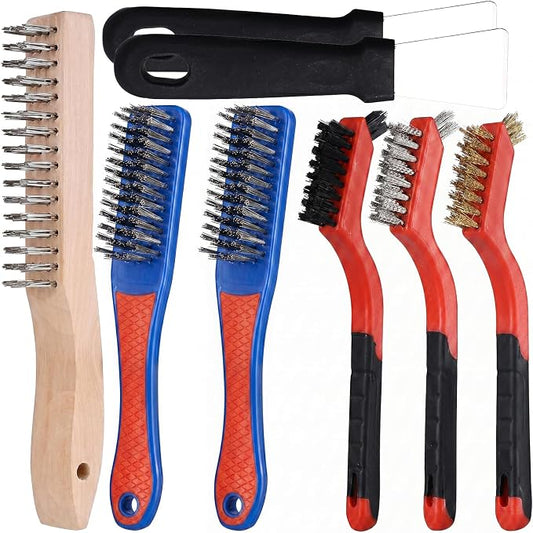 8Pcs Wire Brush Set for Cleaning Rust - Heavy Duty Scratch Brushes with Stainless Steel, Brass, Nylon Bristles and 2 Metal Scrapers, Professional Cleaning Tools for Metal, Slag, Paint and Grill