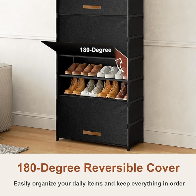 9 Tier Shoe Cabinet with Door, 36-Pair Storage, Black | Max capacity for large families. Door prevents dust & pet damage. Holds all shoe types. Easy connector assembly.