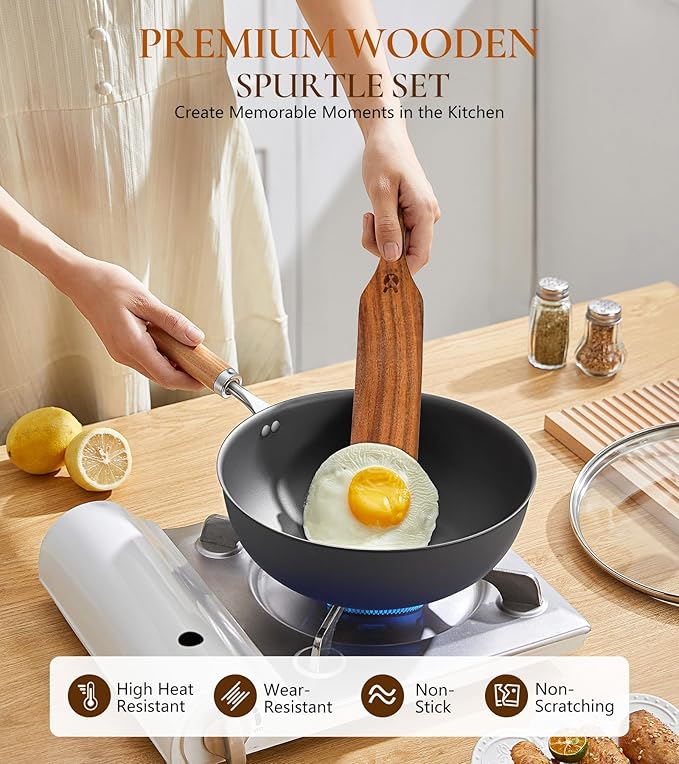 2Pcs Spurtles Kitchen Tools Wooden, Wooden Spurtle Spatula Set for Sourdough Starter, Natural from High Moist Resistance Teak, Kitchen Utensils for NonStick Cookware