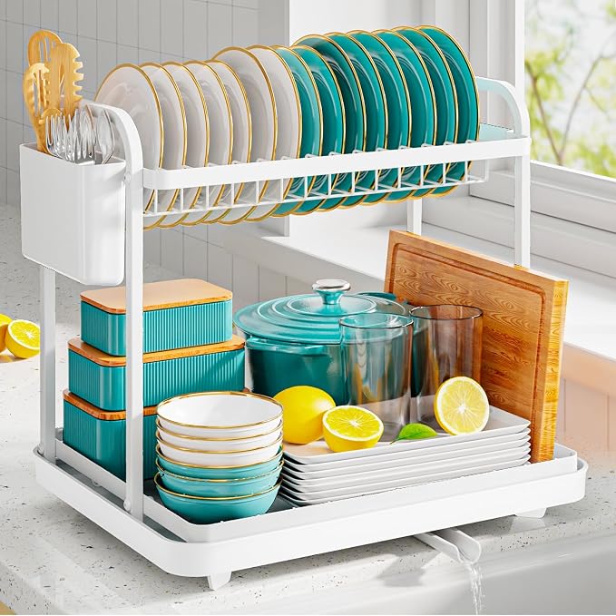 Sakugi 2-Tier Dish Drying Rack - Stainless Steel Dish Rack with Cutlery & Utensil Holders for Kitchen Counter, Sink Organization and Storage for Small Family, 15" W x 11.4" L x 15" H, White