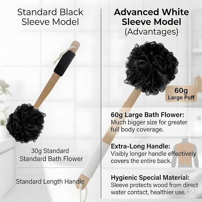 Long Handle Back Scrubber for Shower - About 16.5" Bath Brush with Non-Slip Grip - Body Loofah for Deep Exfoliation, Skin Polishing & Limited Mobility