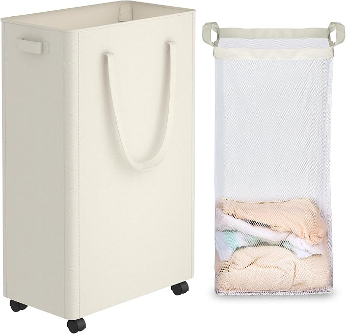 efluky Slim Laundry Hamper with Wheels and Removable Bag, Rolling Laundry Basket for Clothes, Small Laundry Basket for Bedroom, Dorm and Laundry Room, 75L (19.8 Gallons) Beige