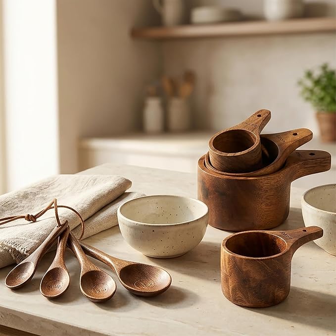 8PCS Wooden Measuring Cups and Spoons Set, Kaloo Natural Solid Acacia Wood Measuring Cups for Dry and Liquid Ingredients (Laser Engraved Measurements)