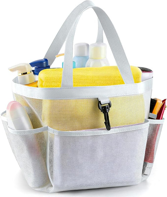LOYEE Mesh Shower Caddy Portable for College Dorm Room Essentials with 8 Pockets, Shower Bag for Beach, Swimming, Gym, Travel, Bathroom(All white)