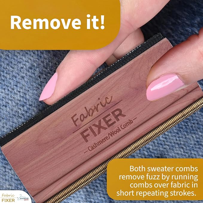 Cashmere and Multi-Fabric Sweater Comb Combo (Cedar Wood Handle Double Edge Design) Manual Fabric Defuzzer Wool Lint Shaver Comb Scraper for Clothing Pills, Furniture, Sheets and Fabrics