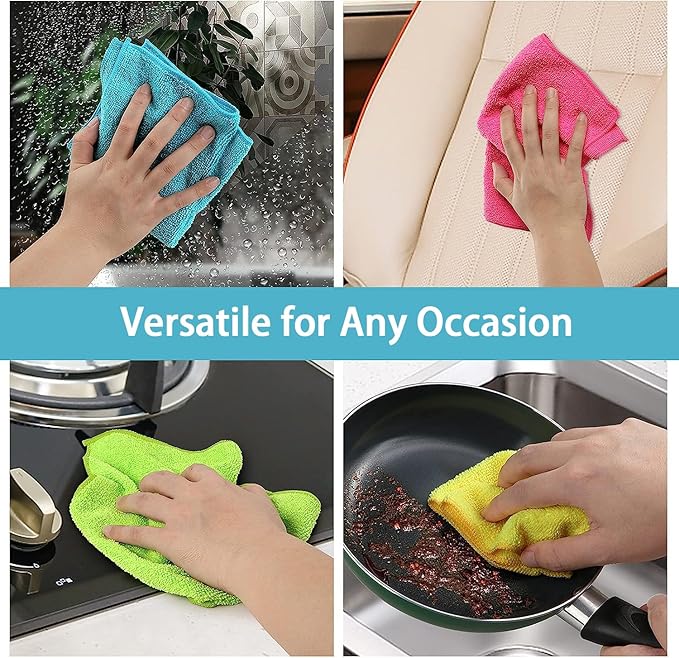 HOMEXCEL Microfiber Cleaning Cloth, 8 Pack Cleaning Rags, Cleaning Towels with 4 Color Assorted, 11.5"X11.5"(Green/Blue/Yellow/Pink)