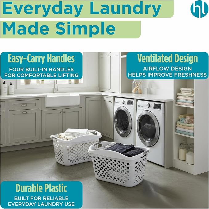 Home Logic 1.75 Bushel Plastic Laundry Basket with Hip Grip, Large Laundry Hamper with Handles, Ventilated Clothes Organizer for Bedroom Bathroom Closet, 4 Pack, White