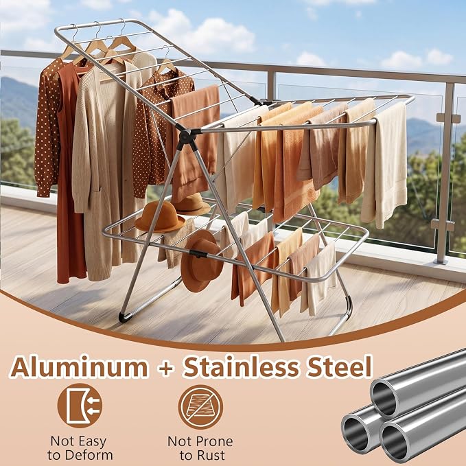 Giantex Foldable Clothes Drying Rack, 2-Tier Aluminum Laundry Drying Rack with Adjustable Wings, Freestanding Airer, Space-Saving, Portable Clothing Dryer Stand for Indoor and Outdoor Use