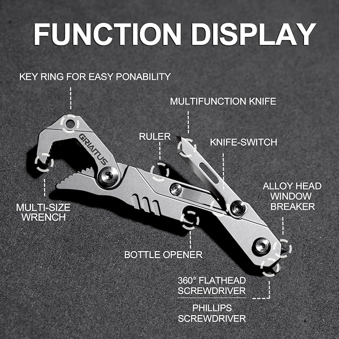 EDC Multitool 7 in 1 with knife, Wrench, Folding Knife, Screwdriver | Bottle Opene, Ruler, Urgent Car Window Breaker and Seatbelt Cutter, EDC Pocket Multi Tool for Gifts for Men (Bright silver)