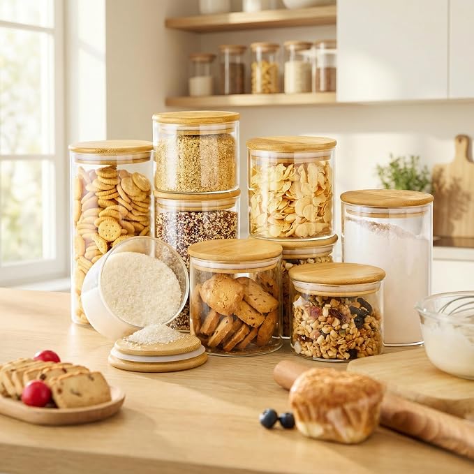 32oz & 21oz - 4 Pack Glass Jars with Bamboo Lids, Glass Pantry Storage Containers with Airtight Lids, Round Air Tigh Food Storage Canisters for Cereal, Pasta, Flour, Sugar, Best for Kitchen Organizer