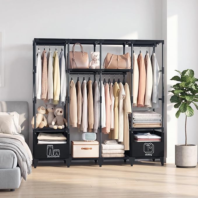 LOKEME Portable Closet,Sturdy Stable Large Capacity Wardrobe Closet,Clothes Rack with Shelves,2 Folding Areas,6 Storage Areas,4 Hanging Areas,Suitable for Bedrooms and Dormitory,66.5in Black