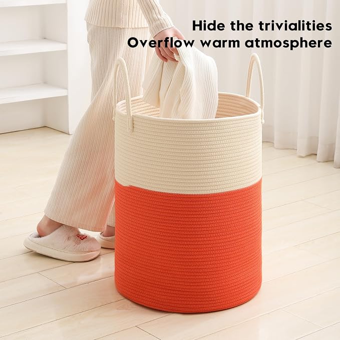 Woven Laundry Hamper Tall Rope Storage Basket for Blanket oys Dirty Clothes in Living Room Bathroom Bedroom (White&Orange, 100L/26.4Gal)