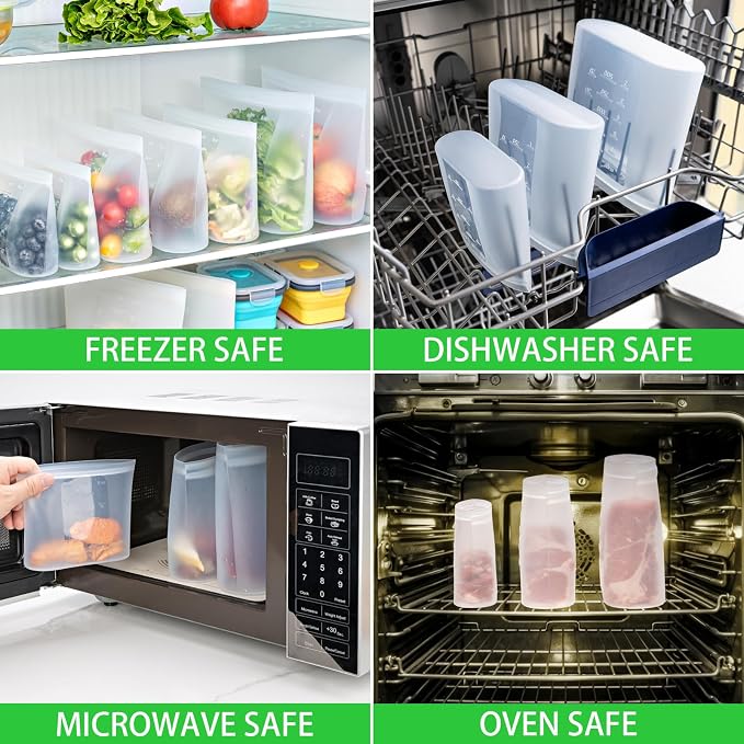 100% Platinum Silicone Reusable Storage Bags, 12 Pack, Premium Silicone Food Storage Bag Stand-Up Wide-Mouth Zip-Lock, Microwave Dishwasher Safe, 4 M + 4 S + 4 XS, Crystal-Clear