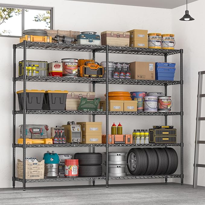 70" W Storage Shelves 1430 LBS Heavy Duty Wire Shelving, 5 Tier Adjustable Metal Garage Shelving, Pantry Kitchen Storage Rack with Liners, DIY L-Shaped Corner Shelf, 70" W x 16" D x 72" H