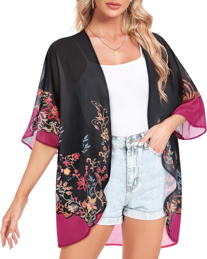 Women Kimono Cardigans Summer Cover Up Hawaiian Shirts Floral Print Tops | ROSEMIA chiffon kimono open front cardigans, beach cover ups, daily casual tops, cruise outfits, summer resort wear