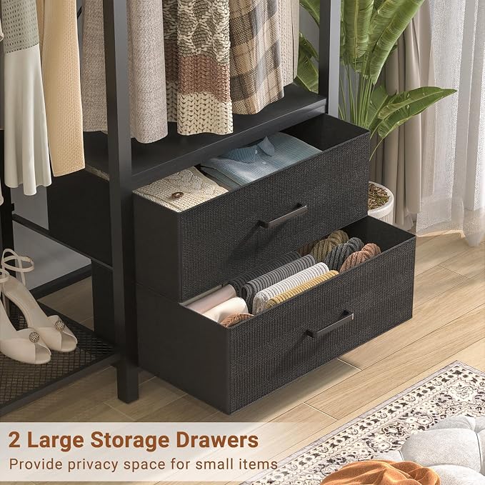 78.7'' Clothes Rack for Hanging Clothes - Reversible Clothing Rack with 2 Drawers, Heavy Duty Garment Racks with Shelves, 6 Tiers Freestanding Portable Closet Wardrobe System with Hanging Hooks, Black