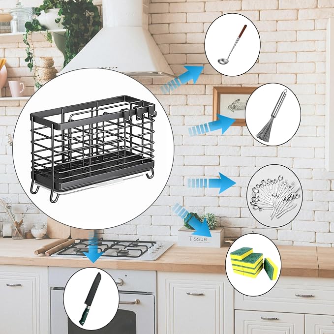 Stainless Steel Utensil Holder, Countertop Drying Rack with Drain Tray & Towel Bar, Space Saving Kitchen Organizer(Gray)