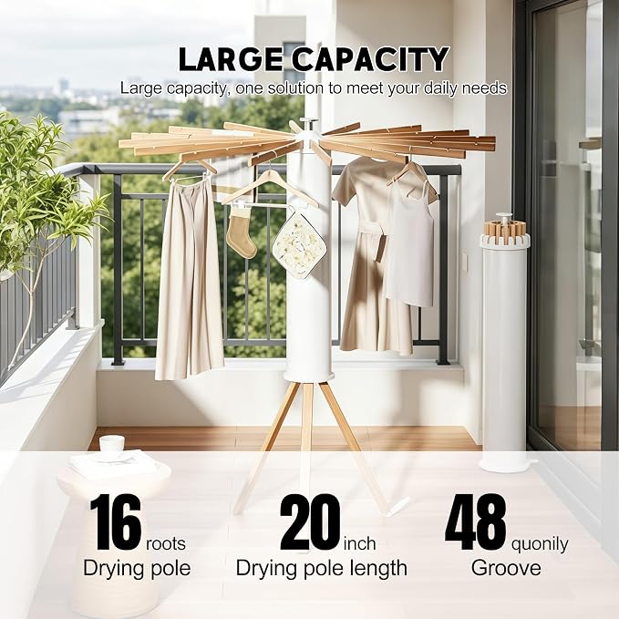 Clothes Drying Rack Foldable, Rotary Tripod Laundry Drying Rack,16 Wooden Poles,Rotatable Portable Floor Standing Clothes Airer,Laundry Drying Rack Floor Standing