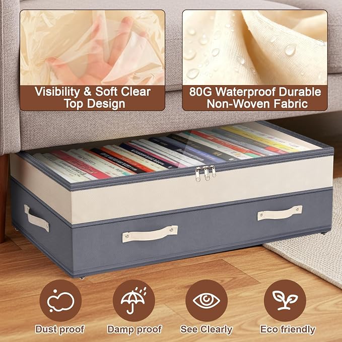 Dolicer 2 Pack Under Bed Storage with Wheels, 6in-10in Height Adjustable Underbed Storage Containers, 92L XXXL Under Bed Drawers Rolling Bin with Clear Lids for Dorm Shoes Clothes Organizer(Dark Grey)