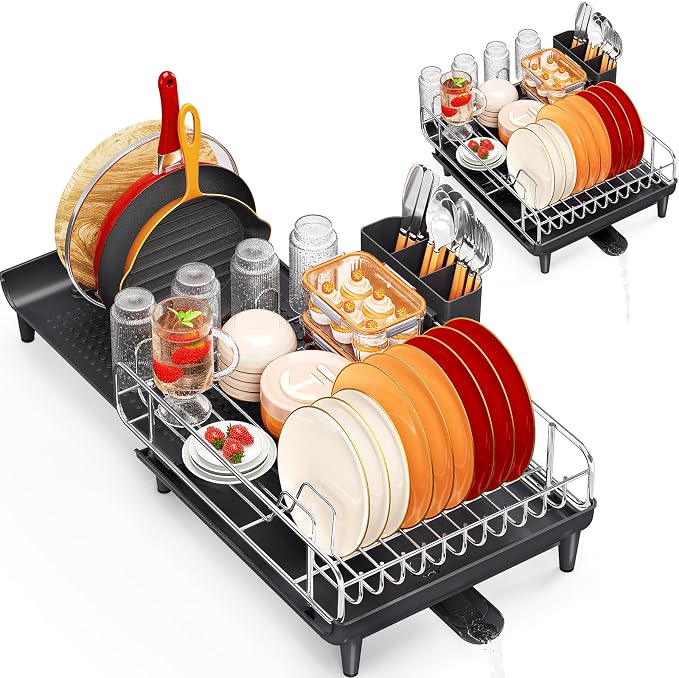 TOOLF Expandable Dish Rack, Dish Drying Rack for Kitchen Counter, Foldable Dish Dryer Rack, Stainless Steel Dish Drainer Racks with Cutlery Holder, Collapsible Dish Drying Racks Large Size,Black