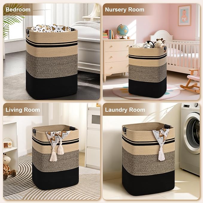 Laundry Hamper, 75L Tall Laundry Basket with Leather Handles, Rectangle Large Clothes Hamper for Organizing, Cotton Woven Laundry Baskets Storage Hampers for Bedroom, Nursery, Living Room