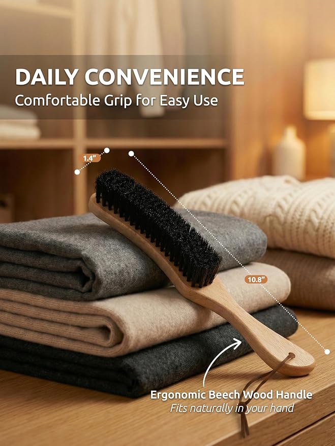 TAKAVU Black Boar Clothes Brush for Suits, Large Beech Wood Handle | Lint Brush for Coats, Cashmere, Wool, Velvet & Suede Upholstery, Hats & Jackets, Natural Stiff Bristle Garment Care