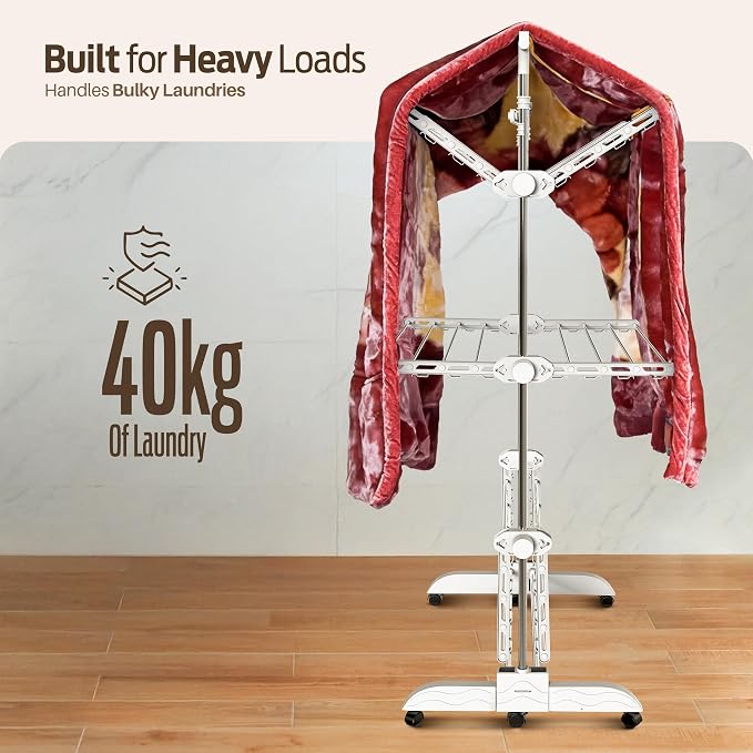 PORTENTUM Clothes airer drying rack – 5-Tier foldable to 14 cm with 58 hanger hooks – Up to 40 kg – horse-style dryer with 24 stainless-steel bars – Indoor and outdoor use – Swivel wheels with brake