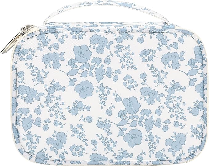 Relavel Travel Makeup Bag, Mini Floral Cosmetic Bag with 2 Makeup Brush Holders, Portable Makeup Pouch for Women, Cute Toiletry Bag with Double Layer Organizer, Blue Flower-Smaller