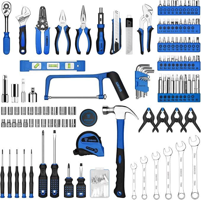 DEKOPRO Tool Set: 228 Piece Home Tool Kit, Household Basic Repair Tool Set Comes with Storage ToolBox, Socket Wrench Set for Car, Hand Tool Box Set for Home - Blue