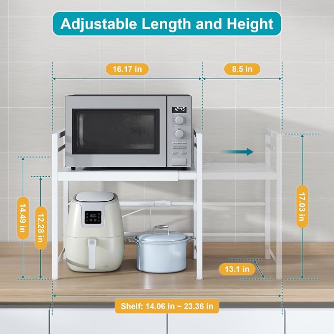 DOLALIKE Expandable Microwave Stand Kitchen Countertop Organizer, White | Adjustable Microwave Oven Rack Metal Storage Shelf with 3 Hooks for Pans Small Appliances Kitchen Utensils Tableware, 2-Tier
