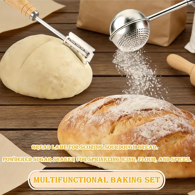 Bread Lame and Flour Duster, 304 Stainless Steel Sourdough Baking Tools with Razor Blades & Leather Cover, Professional Bread Scoring Knife for Baking