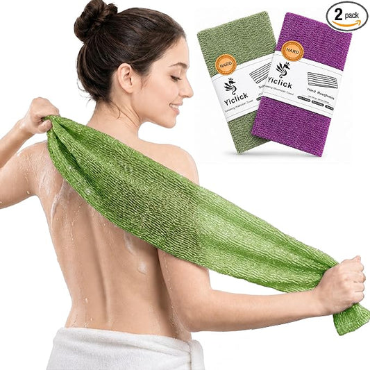 Yiclick 2PCS Exfoliating Washcloth Towel - Exfoliating Body Scrubber Exfoliator, Loofah Sponge Wash Cloth, Korean & Japanse & African Net Sponge Rag - Back Scrubber Washer (Olive Green+Deep Purple)