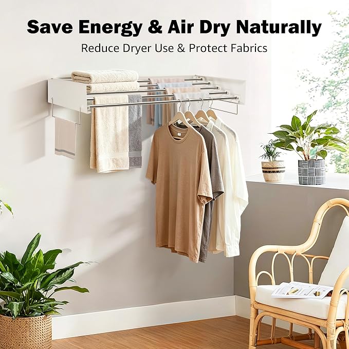 Wall Mounted Drying Rack 32" – Foldable Clothes Drying Rack Wall Mounted, 65 LBS Laundry Rack Wall Mounted, Retractable Clothes Rack for Laundry Room, Indoor & Outdoor Space Saver, 5 Rods, White
