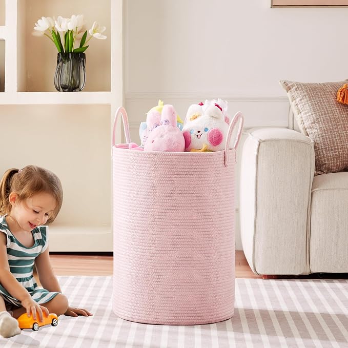 80L Large Pink Hamper Laundry Basket for Baby Girls Kids | Tall Hamper for Nursery Woven Rope Clothes Hamper for Little Girls Room Bedroom Light Pink 16"D x 22"H Extra Large