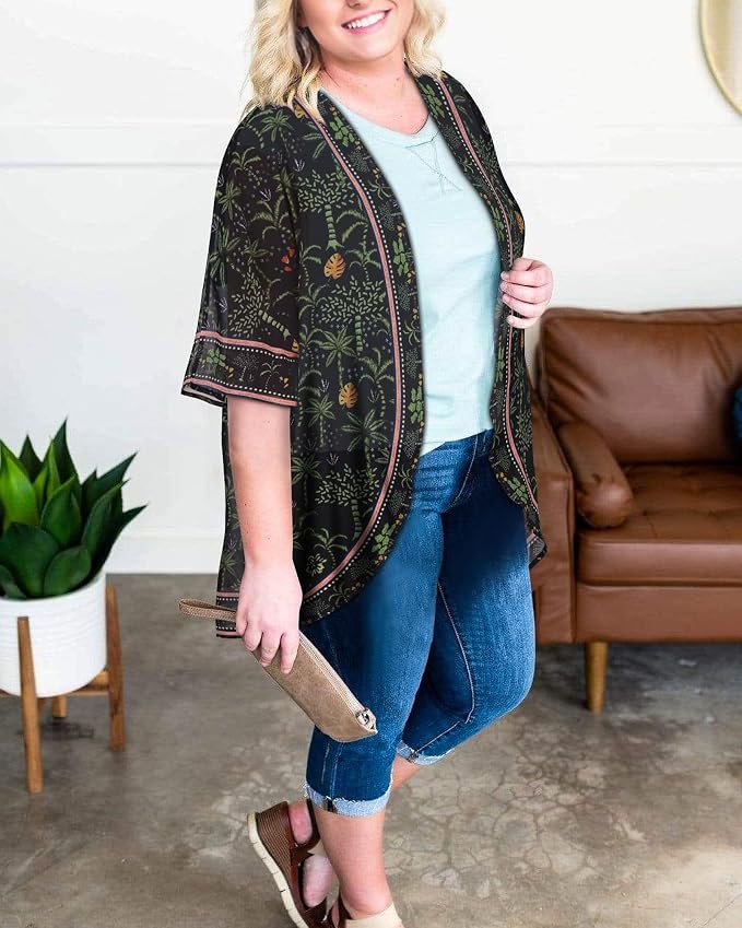 Women Kimono Cardigans Summer Cover Up Hawaiian Shirts Floral Print Tops | ROSEMIA chiffon kimono open front cardigans, beach cover ups, daily casual tops, cruise outfits, summer resort wear