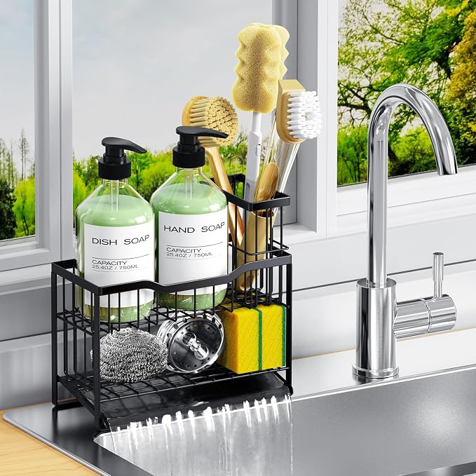2-Tier Rustproof Sponge Holder for Kitchen Sink, Black | Self-Draining Sink Caddy, Non-Slip Base, Removable Brush Holder, Space-Saving Countertop Organizer, Fits Most Kitchen Sinks