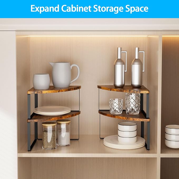 Golener Kitchen Corner Shelf, Corner Spice Rack, Counter Shelf, Stackable | Kitchen Counter Organizer, Plate Organizer for Cabinet, 2-Tier Corner Countertop Shelf, Corner Desk Shelf, Rustic Brown