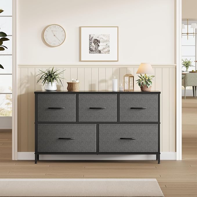 OLIXIS Dresser for Bedroom with 5 Drawers, Wide Chest of Drawers, Grey | Chest of Drawers for Clothes Storage with Bins, Wide Fabric Bedroom Dresser, Wooden Top, Living Room