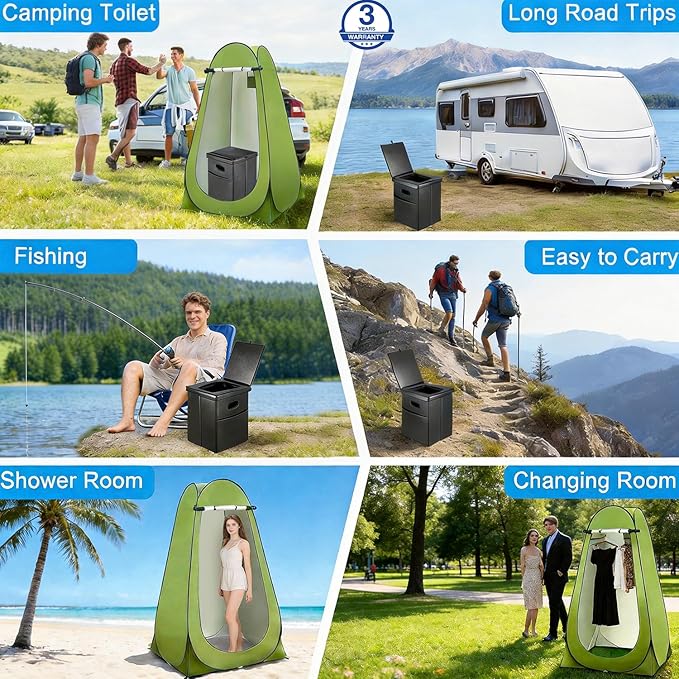 Portable Toilet Kit with Pop-Up Privacy Tent, All-in-One Outdoor Bathroom & Changing Room with Camping Toilet Seat, Waste Bags, LED Light for Camping, RV, Road Trip (Toilet with Green Tent)