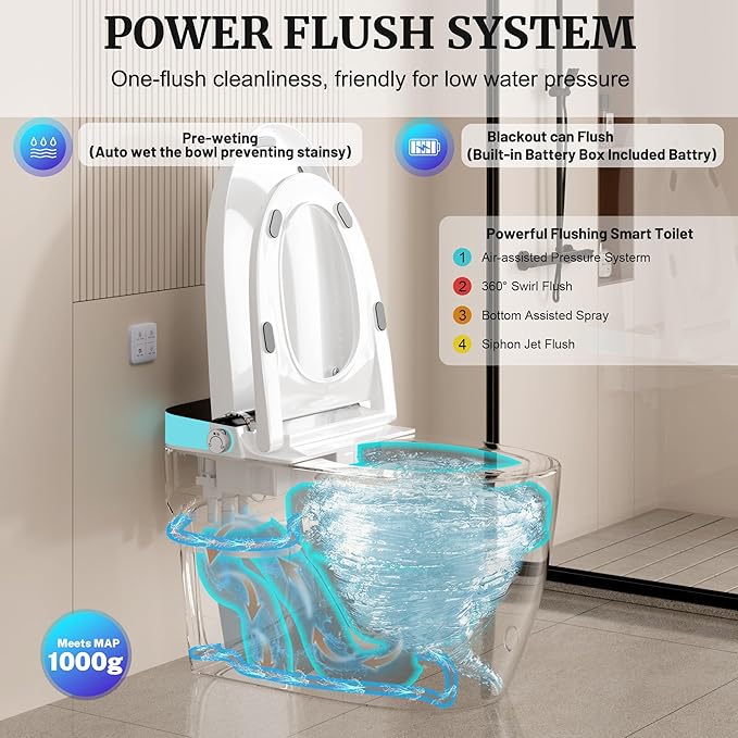 Smart Toilet with Heated Seat & Dual Auto Flush, Foot Sensor, Tankless One-Piece Electric Toilet with Manual Soft-Close Seat & Lid, Night Light, LED Display & 1000g Powerful Flush, 1.28GPF
