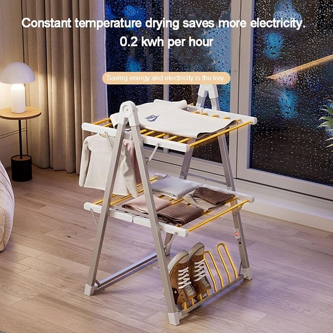 Heated Electric Clothes Dryer 2 Tier Adjustable Airer, Aluminium Foldable Drying Rack, Energy Efficient Indoor Garment & Shoe Dryer