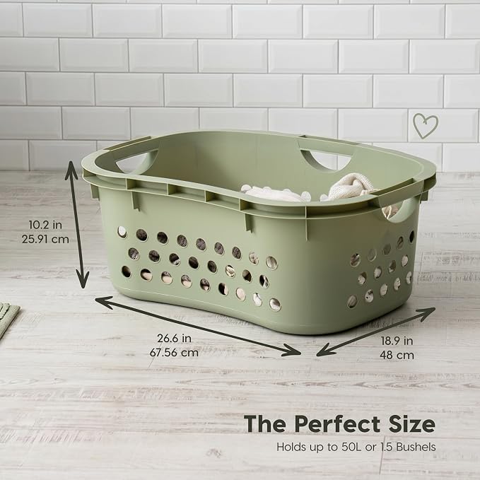 IRIS USA Plastic Laundry Basket 1.5 Bushel (50L), Built-In Handles, Green | Clothes Hamper with Ventilation Holes, Reinforced Rim, Hip Hold Design, Large capacity