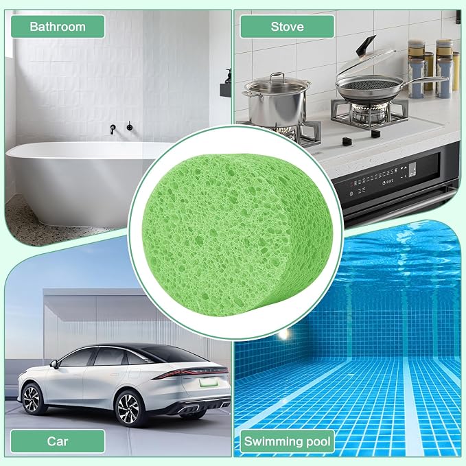 3-Pack Large Sponge, Kitchen Sponges, Handy Sponges, Cellulose Sponges, Dish Washing Sponge, Natural Sponge, Car Washing Sponge, Eco Friendly Sponge (Round, 4" X 4" X 2"), Green